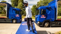 Red Bull Scania moving trucks stunt bike jump