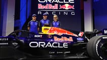 Red Bull F1 livery pictured with Red Bull team and drivers