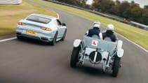 Bentley Continental GT Mulliner and Speed Six driving next to each other on a track