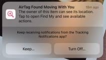 Airtag notification screenshot with text reading 'Airtag found moving with you'
