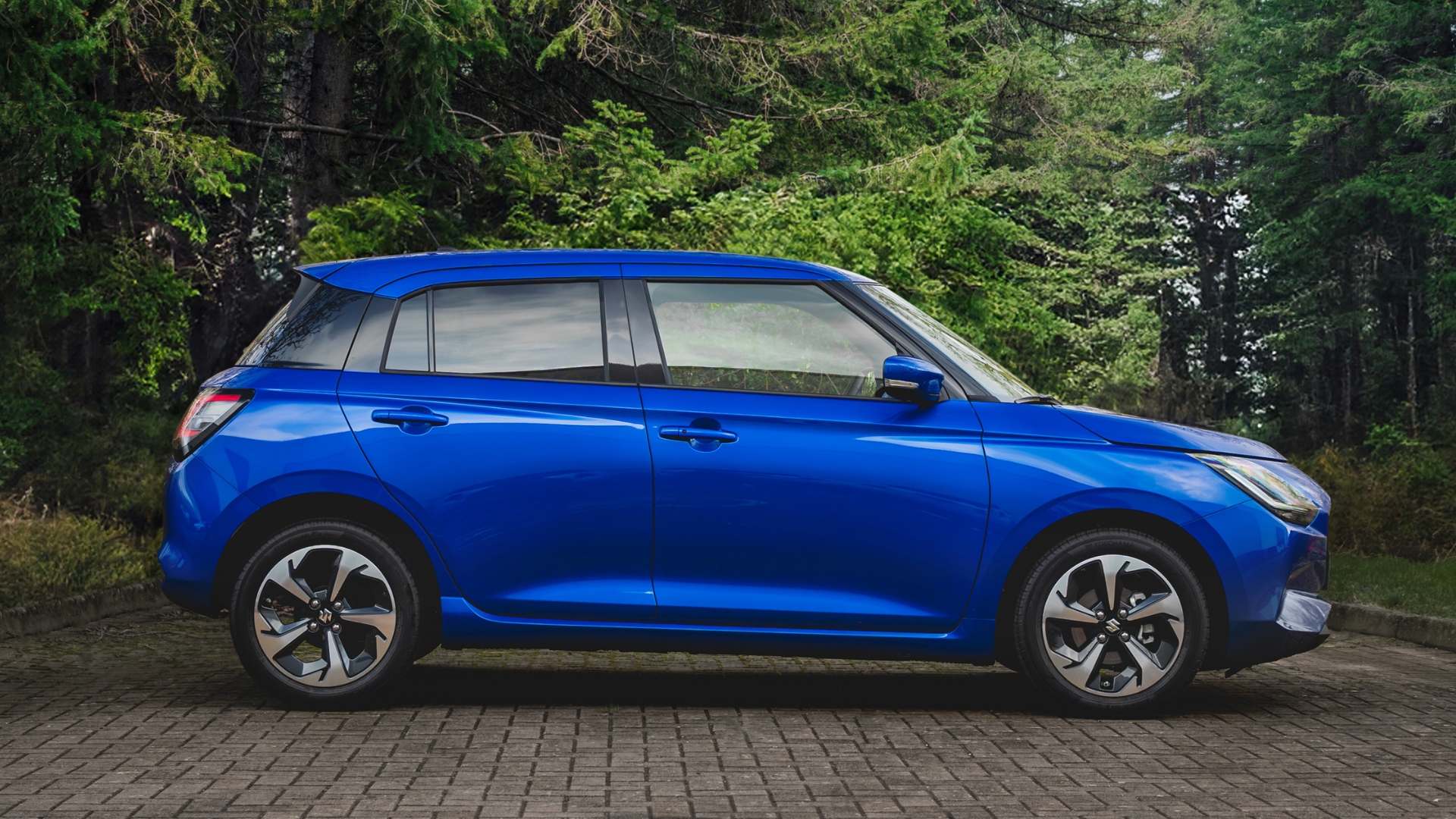 Blue Suzuki Swift parked outside with greenery in the background