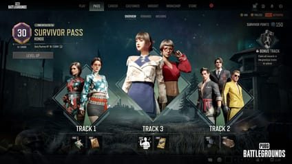 The PUBG Battlegrounds Survivor Pass screen displays character outfits and rewards across three tracks.