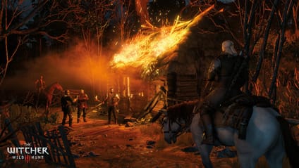 A pale horse is ridden away from a burning house, while a group of people stand nearby in the video game The Witcher 3: Wild Hunt.