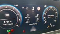 Close up of screen of Volkswagen Passat Estate showing details of the cars performance over the duration of the road trip
