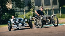 1910 Morgan Runabout chased by 2021 Morgan 3 Wheeler P101