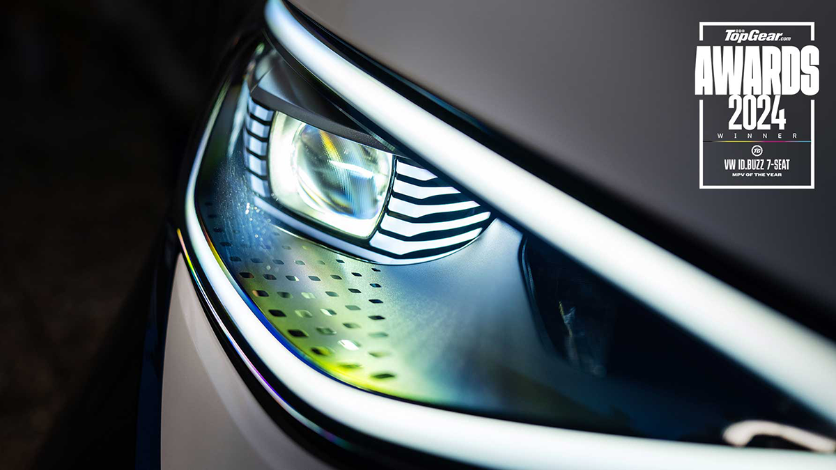 Close-up of headlight on a Volkswagen ID. Buzz 7-seat | Top Gear Awards 2024 Winner
