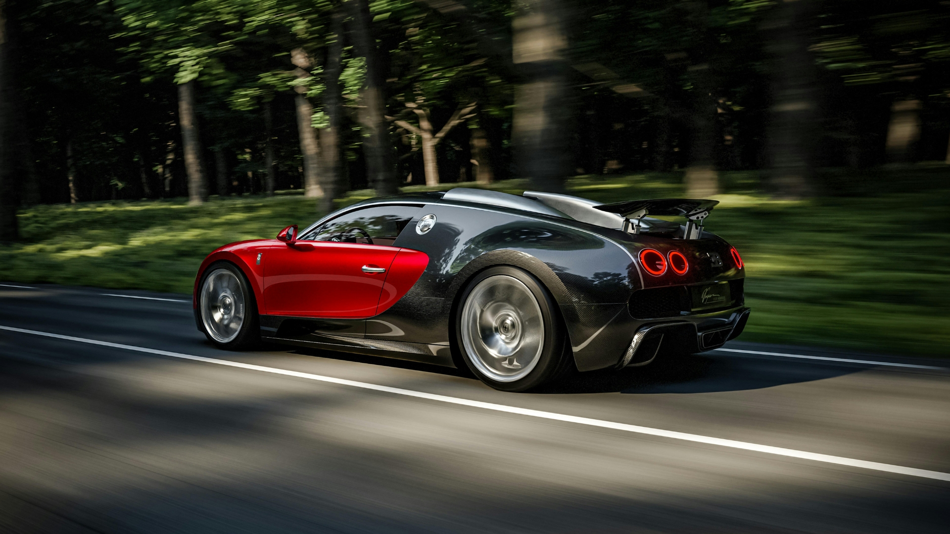 Bugatti Veyron driving on a quiet country road lined with tall trees, pictured from the side