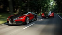 Two Bugatti Veyrons driving on a quiet country road lined with tall trees, pictured from the front