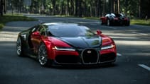 Bugatti Veyron driving on a quiet country road lined with tall trees, pictured from the front