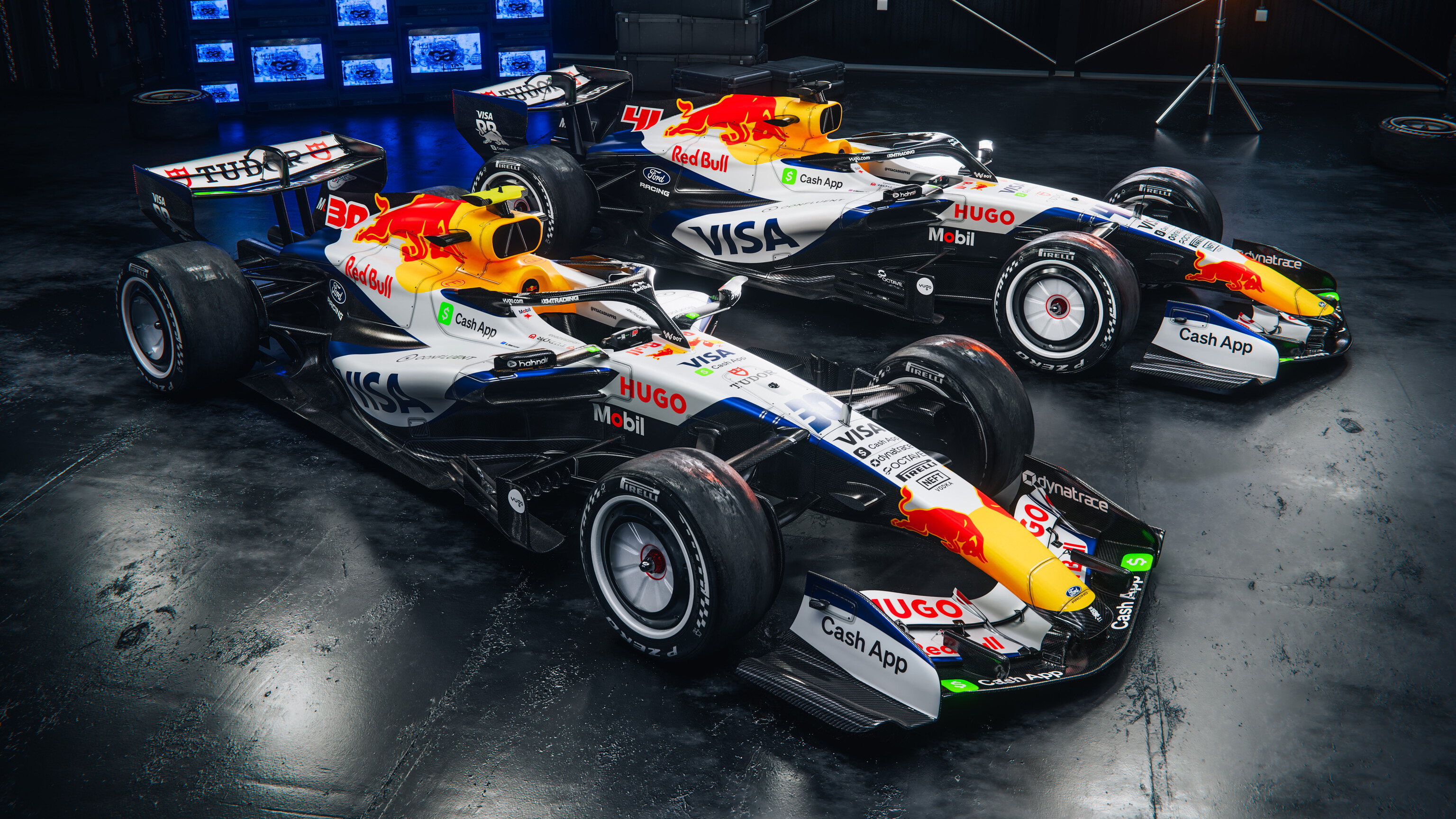Both 2026 Red Bull F1 liveries pictured next to each other for promo shot