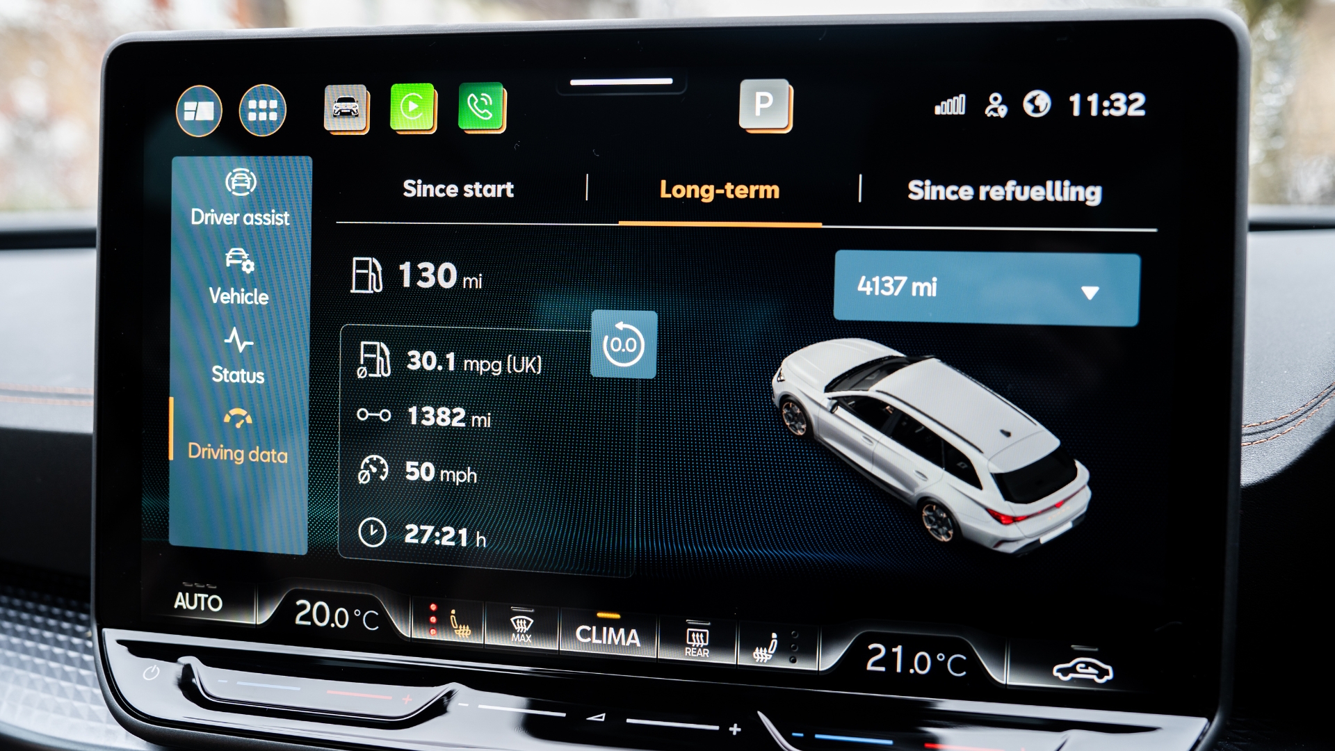 Cupra Leon screen displaying data for the road trip.