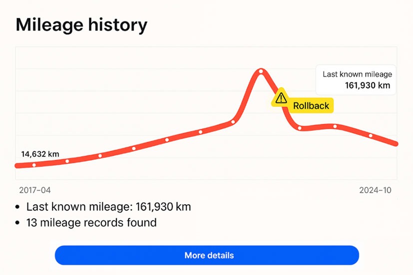 Mileage history graph showing a red line with a sharp peak and rollback warning. Last mileage is 161,930 km. Displays 13 records from 2017 to 2024.