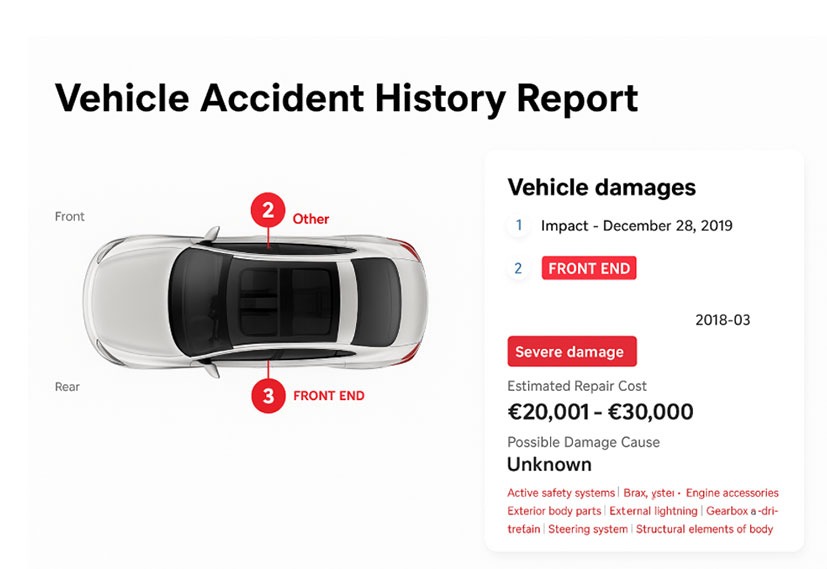 "Vehicle Accident History Report with overhead view of a car showing two damage points: front end and other. Text details vehicle damages including a severe front-end impact on December 28, 2019, estimated repair cost €20,001–€30,000, cause unknown. Keywords include external lighting and structural body elements."