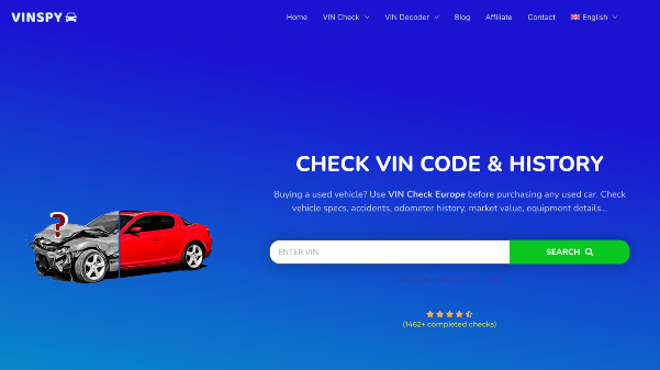 VINPSY website - homepage screenshot | Check VIN code & history | Buying a used vehicle? Use VIN Check Europe before purchasing any used car. Check vehicle specs, accidents, odometer history, market value, equipment details…