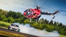 Aerobatic Helicopter Chases Drifting Race Car