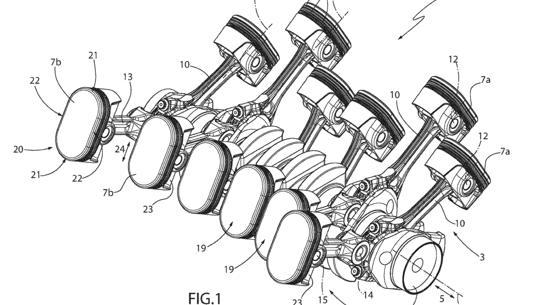 Ferrari's drawing of how its stadium-shaped piston-driven V12 would align