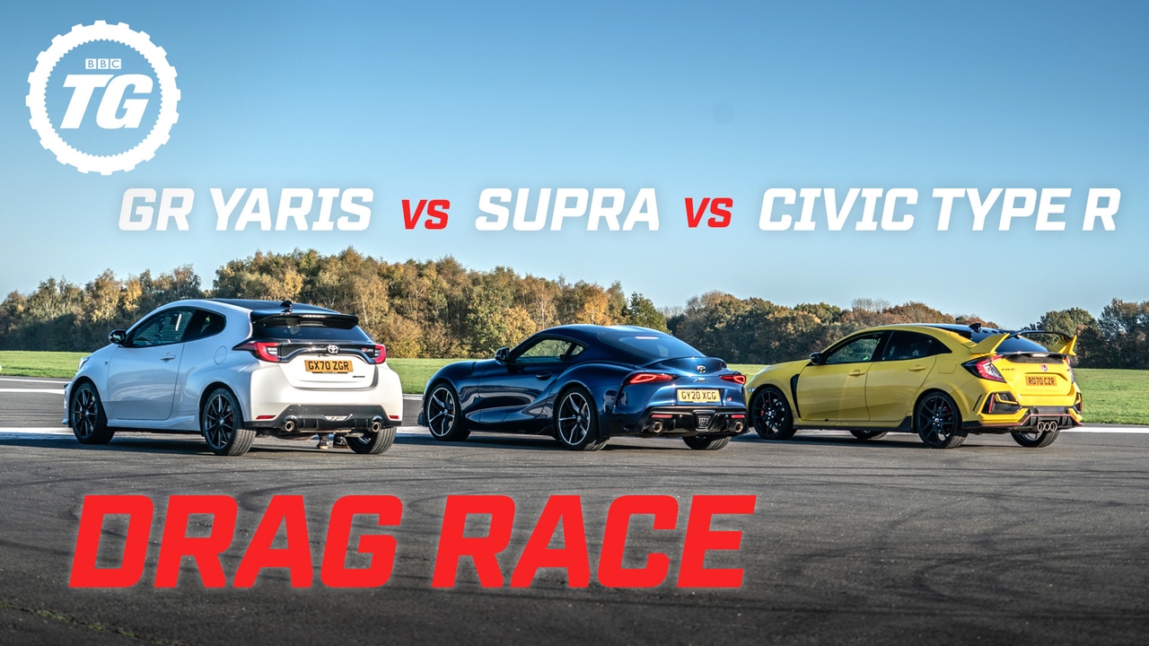 Drag race! Toyota GR Yaris vs Toyota Supra vs Honda Civic Type R | Top Gear